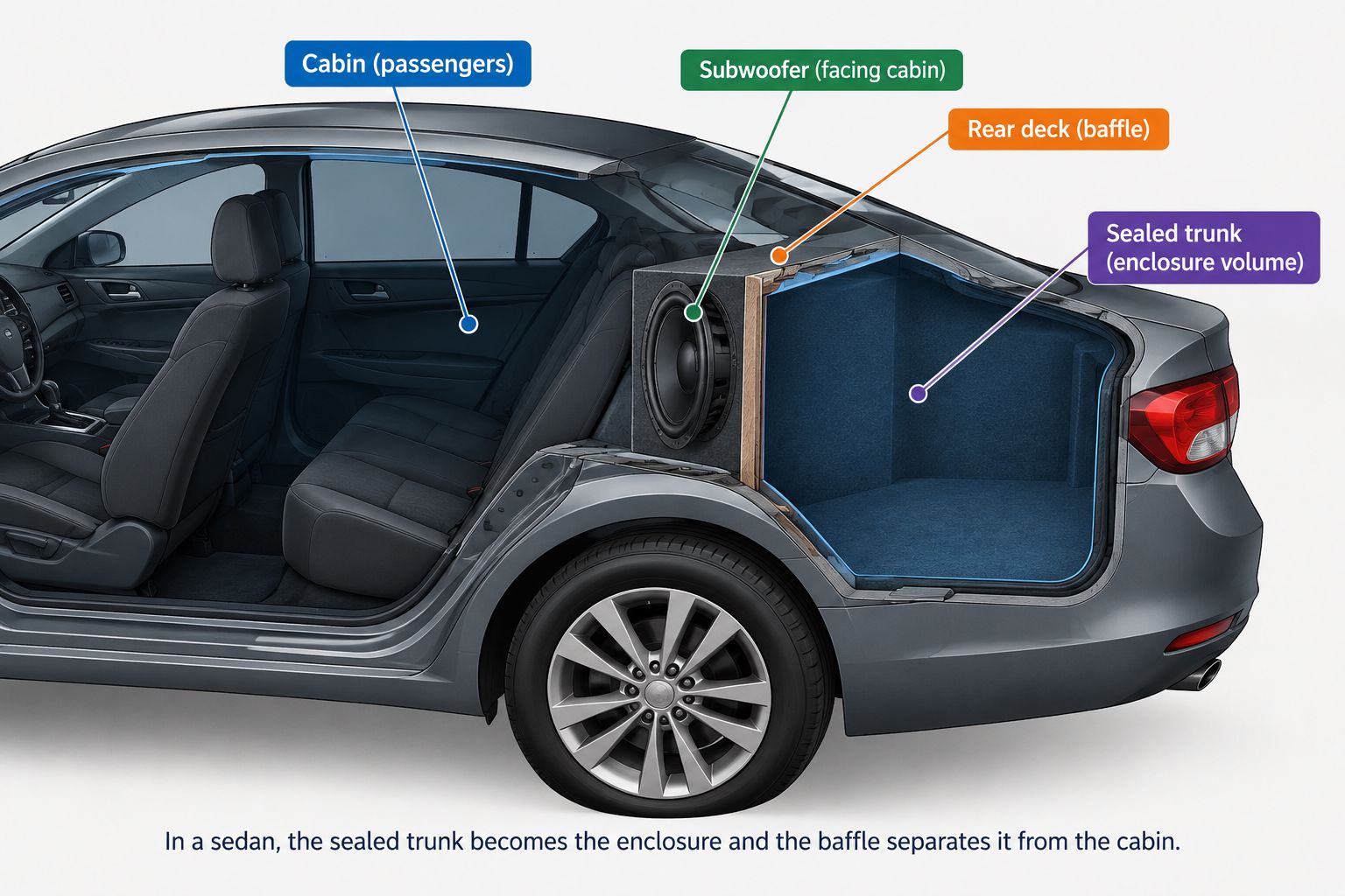 Cutaway diagram of a sedan with a subwoofer mounted in the rear deck, facing the cabin, and the sealed trunk behind it acting as the enclosure