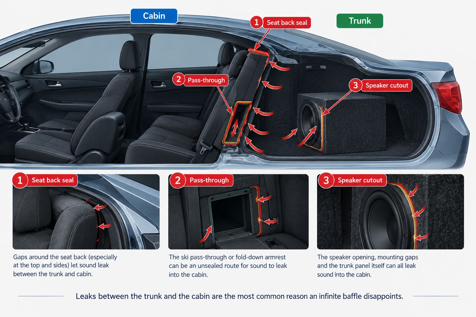 Diagram of a car interior highlighting common air-leak points between the trunk and cabin, such as the seat back, pass-through and speaker cutouts