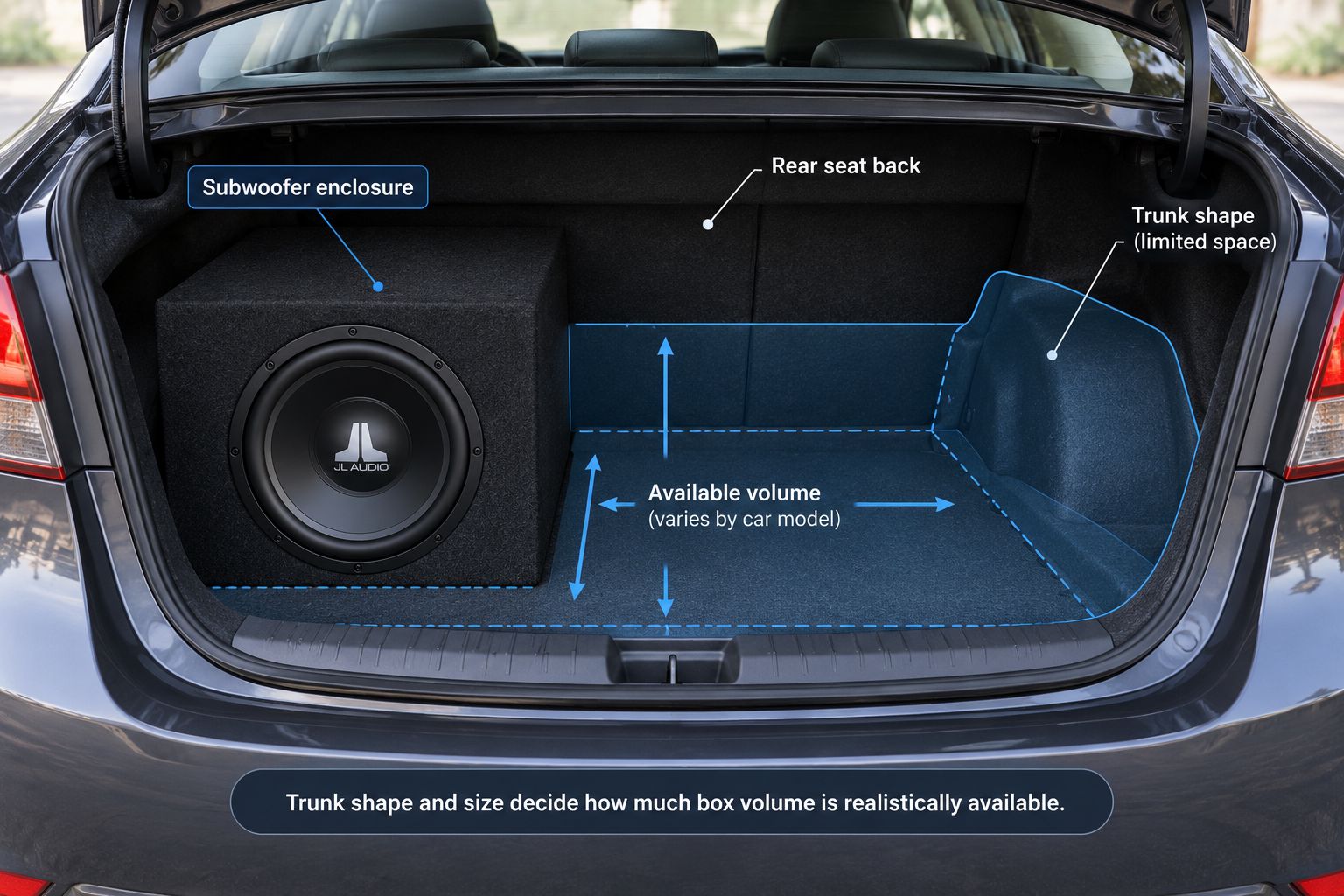 Subwoofer enclosure installed in a car trunk